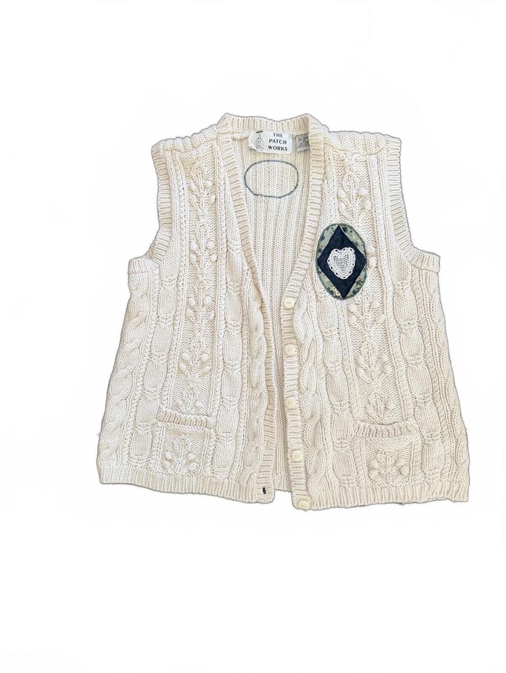 Cozy Cream Cable Knit Vest with Heart Patch